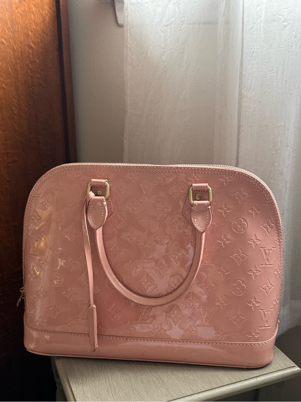 Pink Patent Monogram Satchel with Gold-Tone Hardware- fun bag!